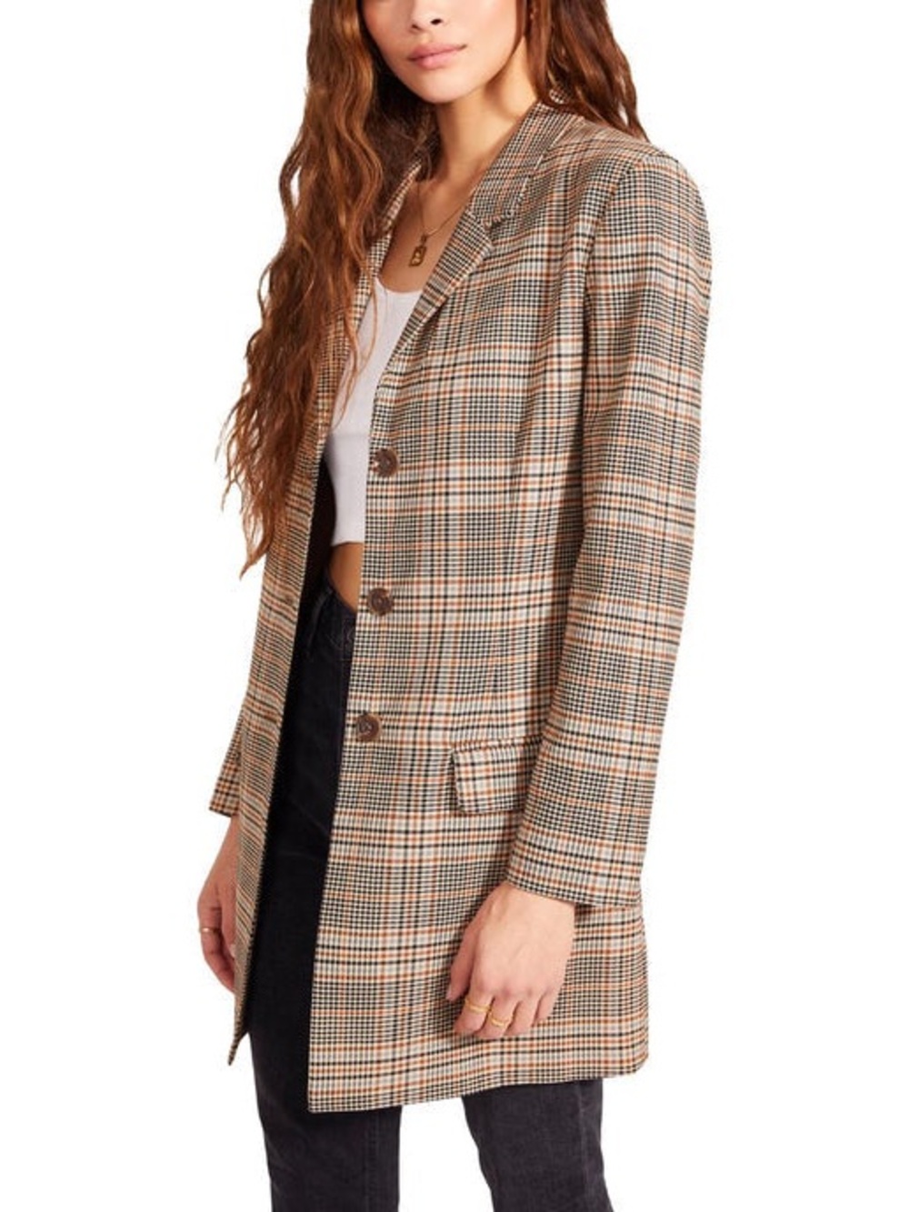 Steve Madden Plaid Longline Blazer Coat in Beige - Women's Jacket